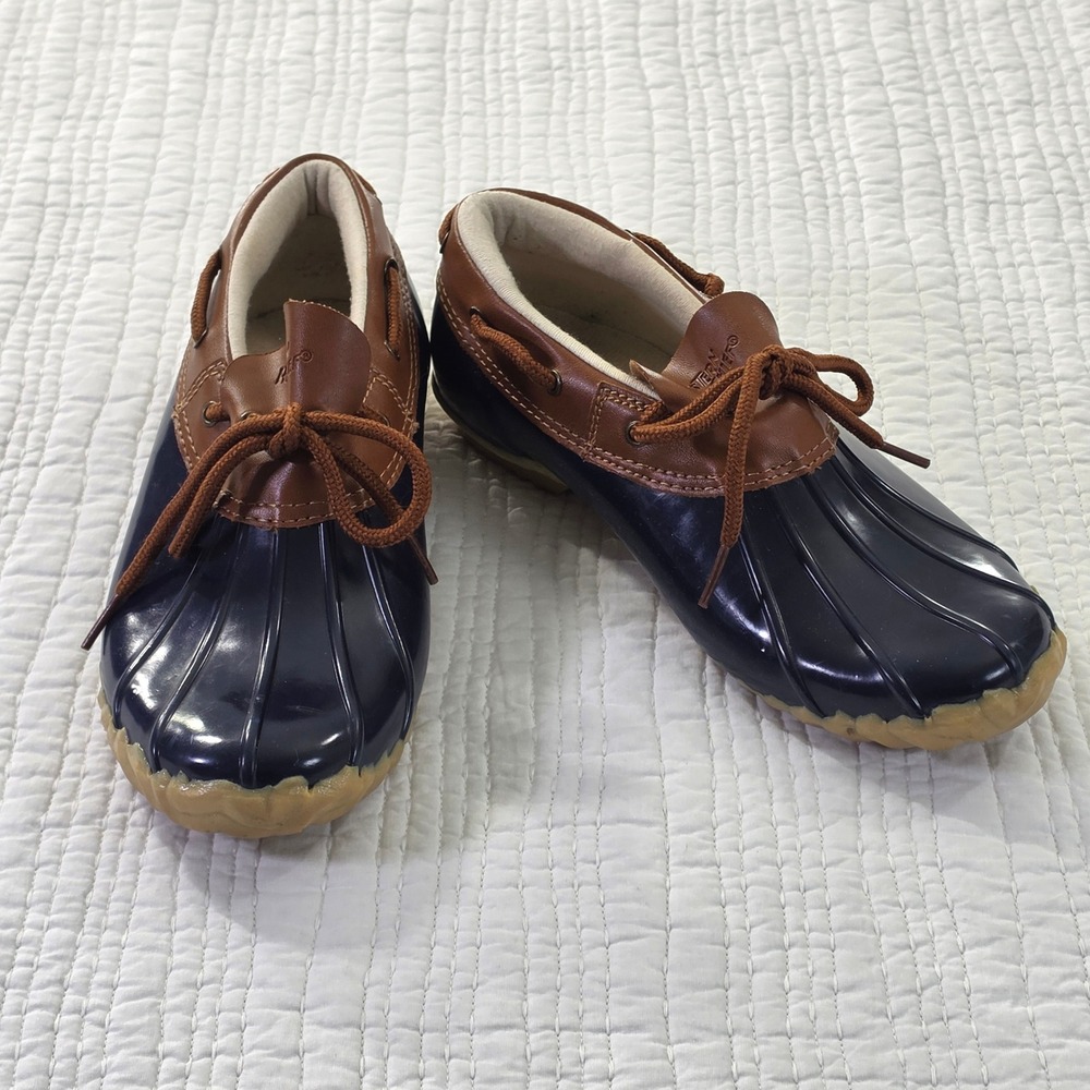 Western Chief Womens 8 One Eye Duck Rain Shoes Navy Brown Low Top Rubber Boots